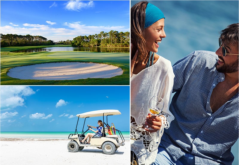 Regatta Bay Golf and Marina collage of golf course, golf cart on beach and couple